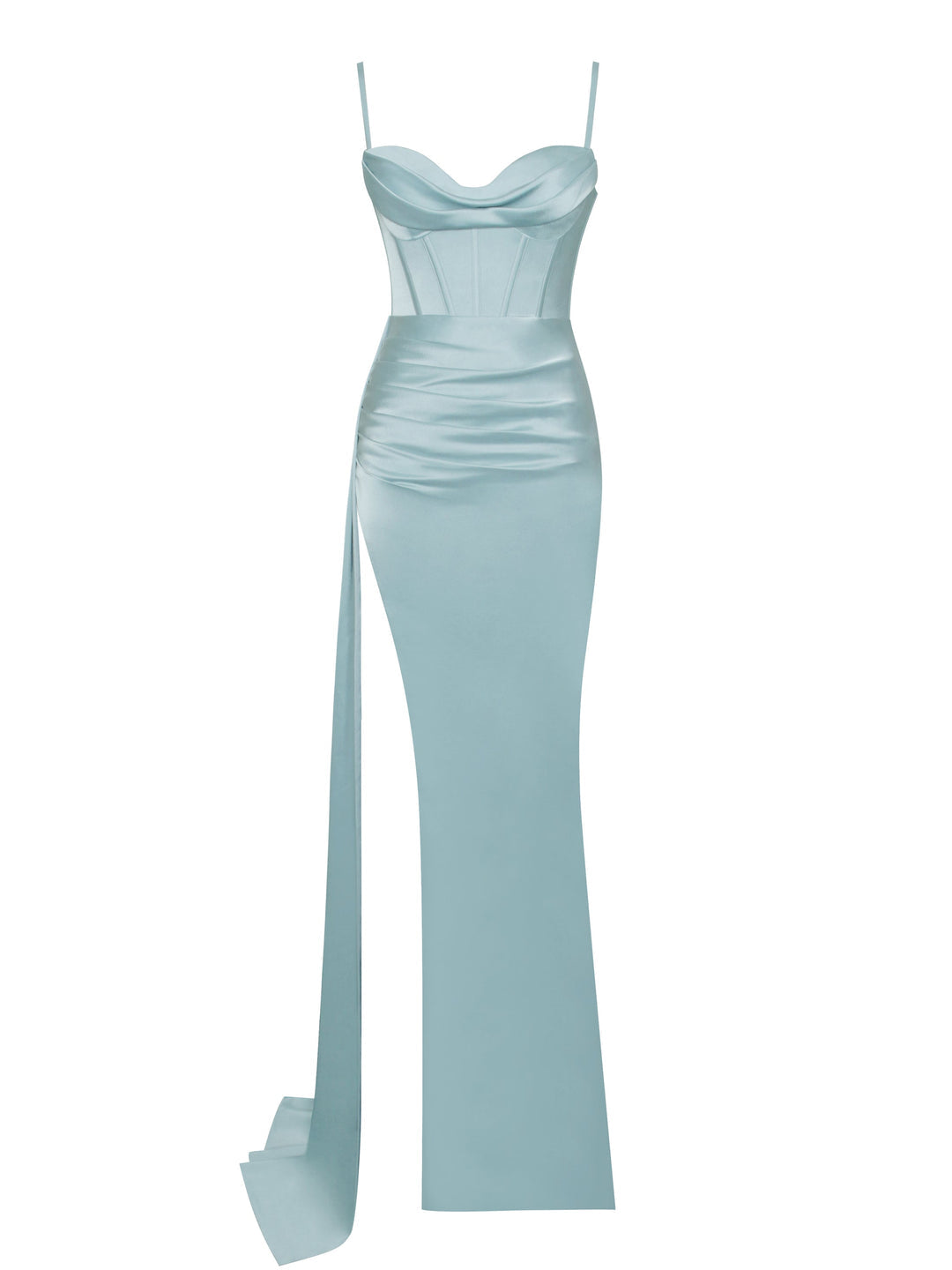 women elayna pale blue strappy satin corset high slit gown