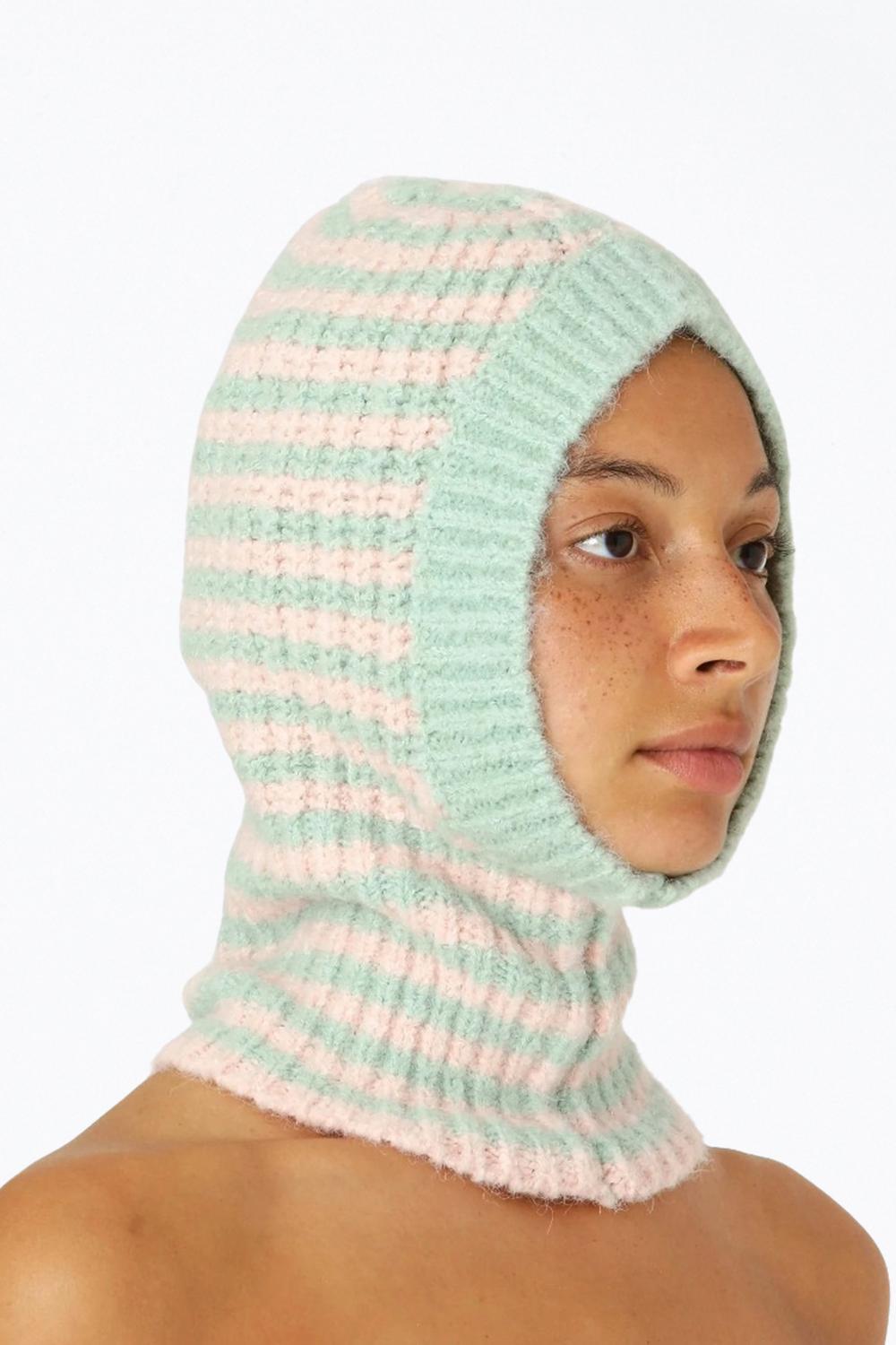 alisa alpaca-blend balaclava in green/pink stripes