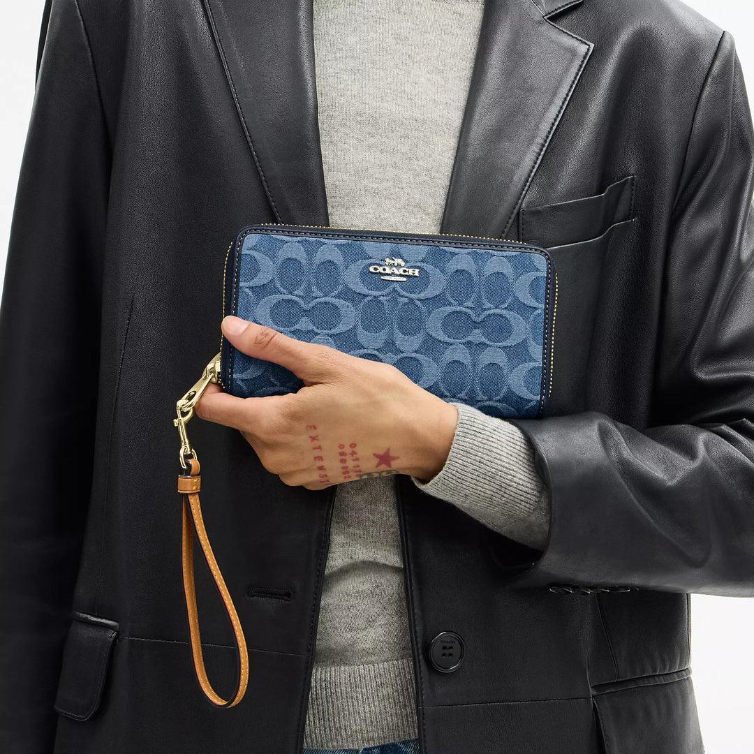 long zip around wallet in signature denim