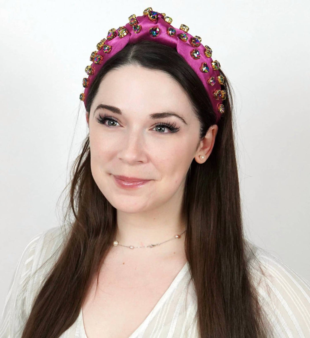 women's volcano rainbow heart satin headband in pinky purple