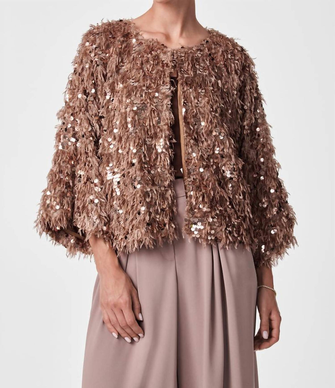 oller cropped faux fur coat in beige rhinestone