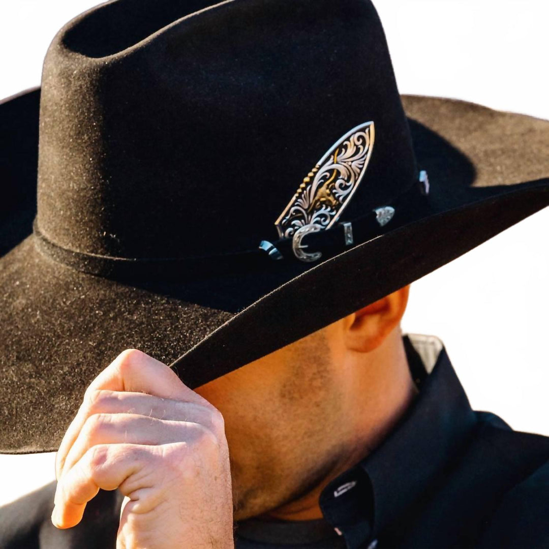 longhorn cattle drive hat feather in silver