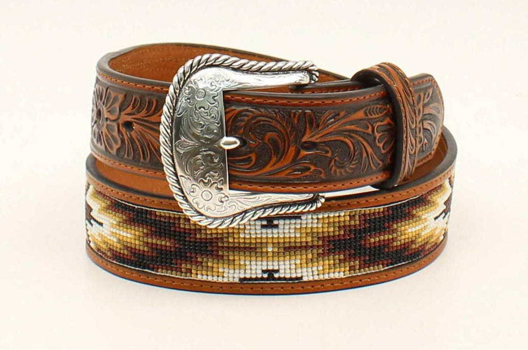 men's aztec beaded-stitch leather belt in brown multi