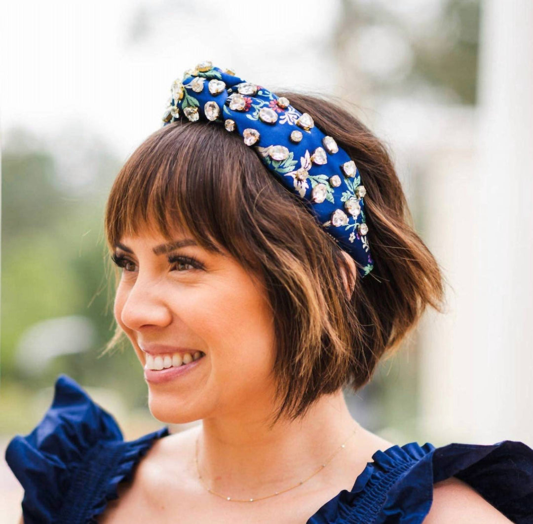 women's morning glory jeweled floral silk headband in blue