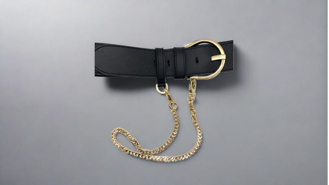 women's gold chain leather belt in black