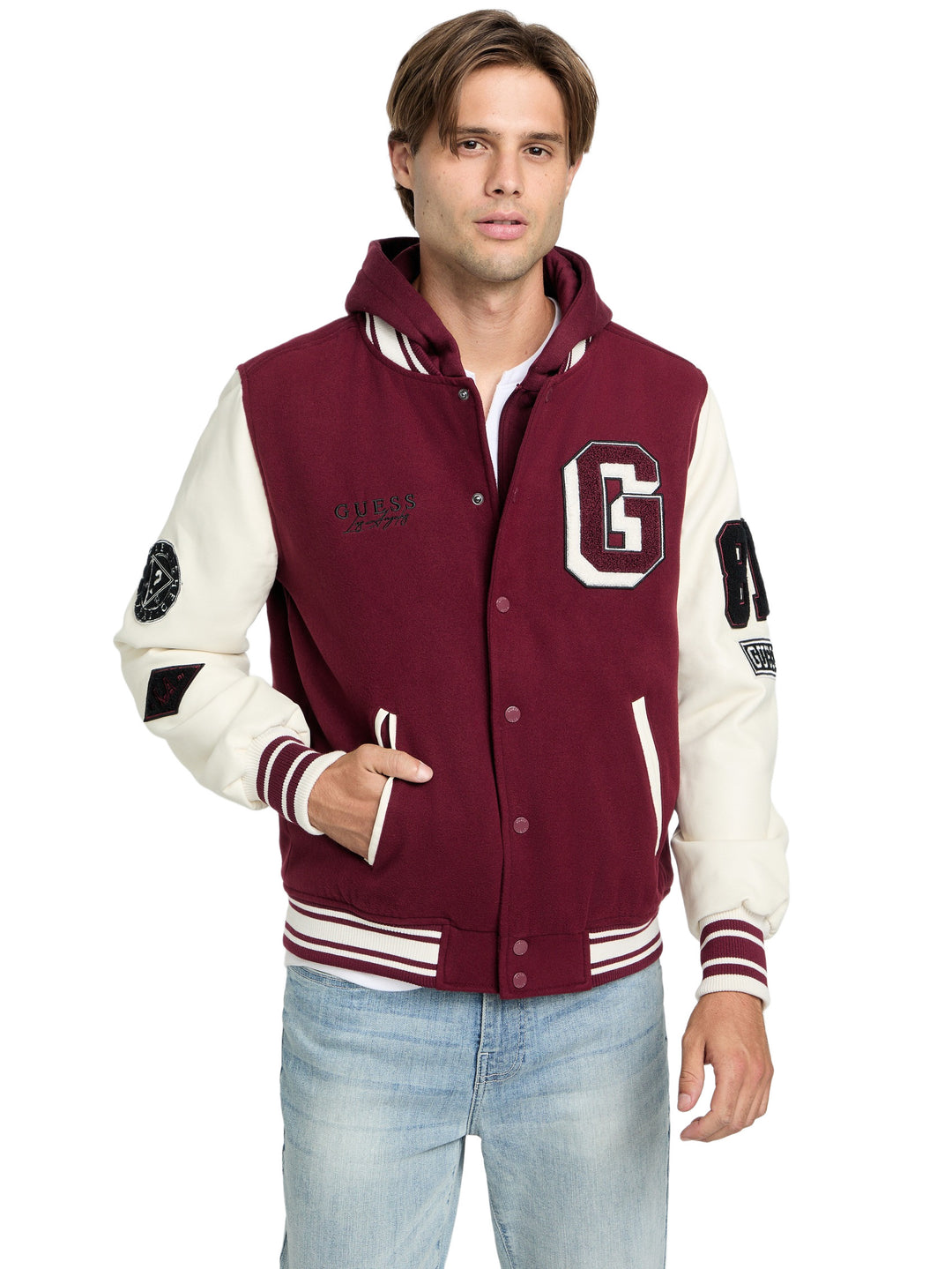 mark hooded varsity jacket
