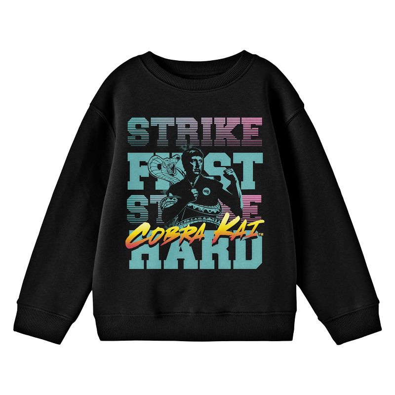 Cobra Kai Strike First Strike Hard Crew Neck Long Sleeve Youth Black Tee