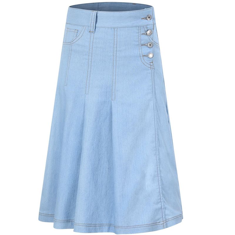 Girls A-Line Denim Midi Skirt Casual Pleated Buttons Over-Knee Skirts with Pocket 3-12Y