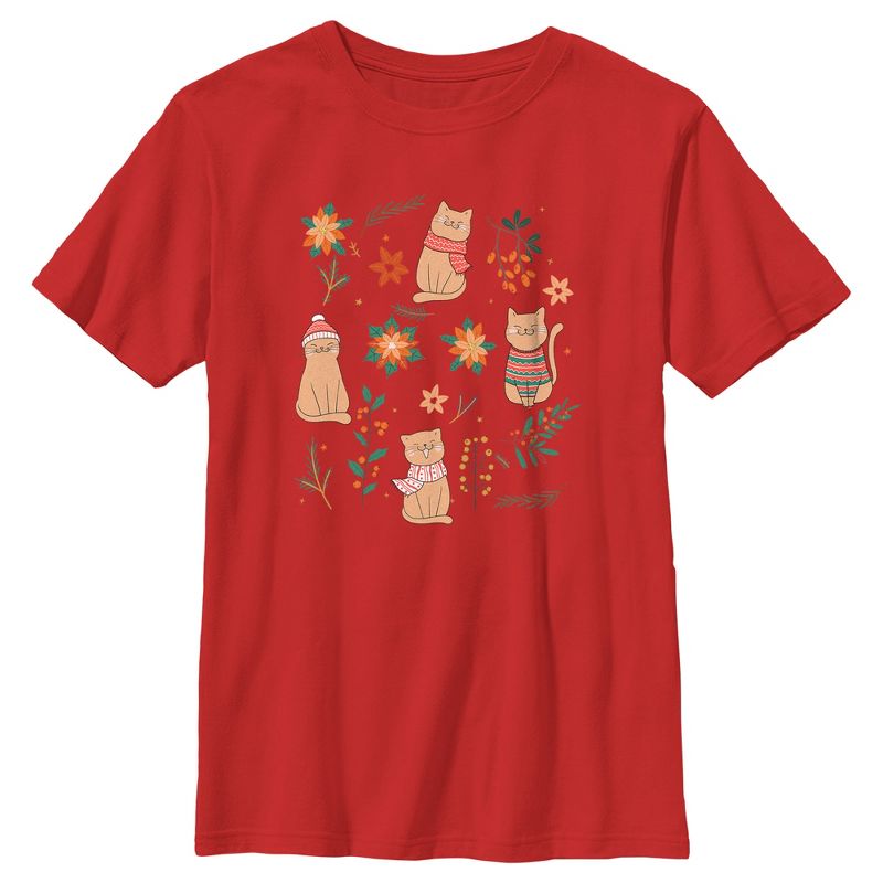 Boy's Lost Gods Christmas Floral Cats T-Shirt