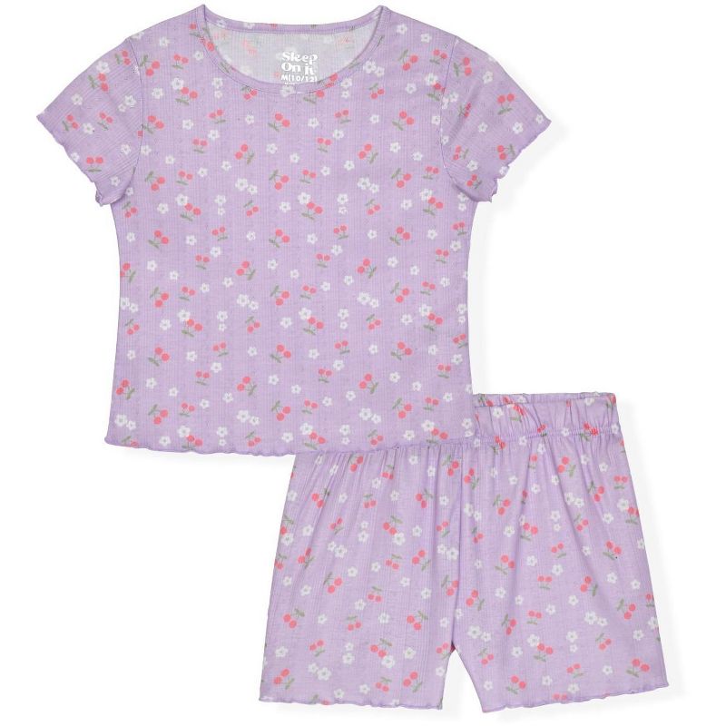 طقم بيجامة قصيرة الأكمام للبنات من قطعتين من Sleep On It - جيرسي حليبي مضلع أو محبوك بنقاط