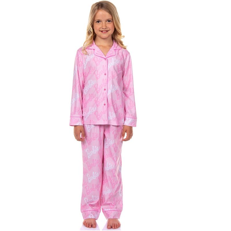 Barbie Pajamas Girl's Barbie Logo Button Front 2 Piece PJ Set Pink
