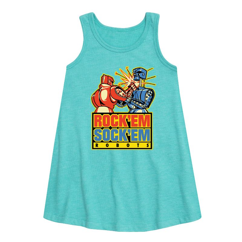 Girls' - Rock 'Em Sock 'Em Robots - Red Rocker, Blue Bomber Graphic Sleeveless Aline Dress