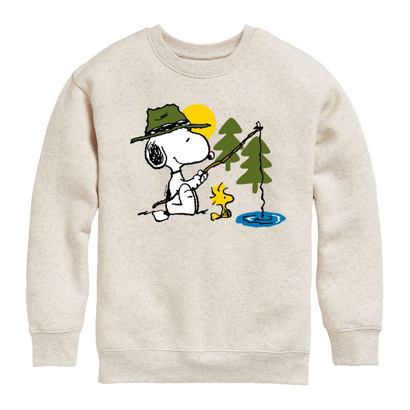 Boys' - Peanuts - Snoopy Woodstock Fishing Graphic Long Sleeve Fleece Sweatshirt