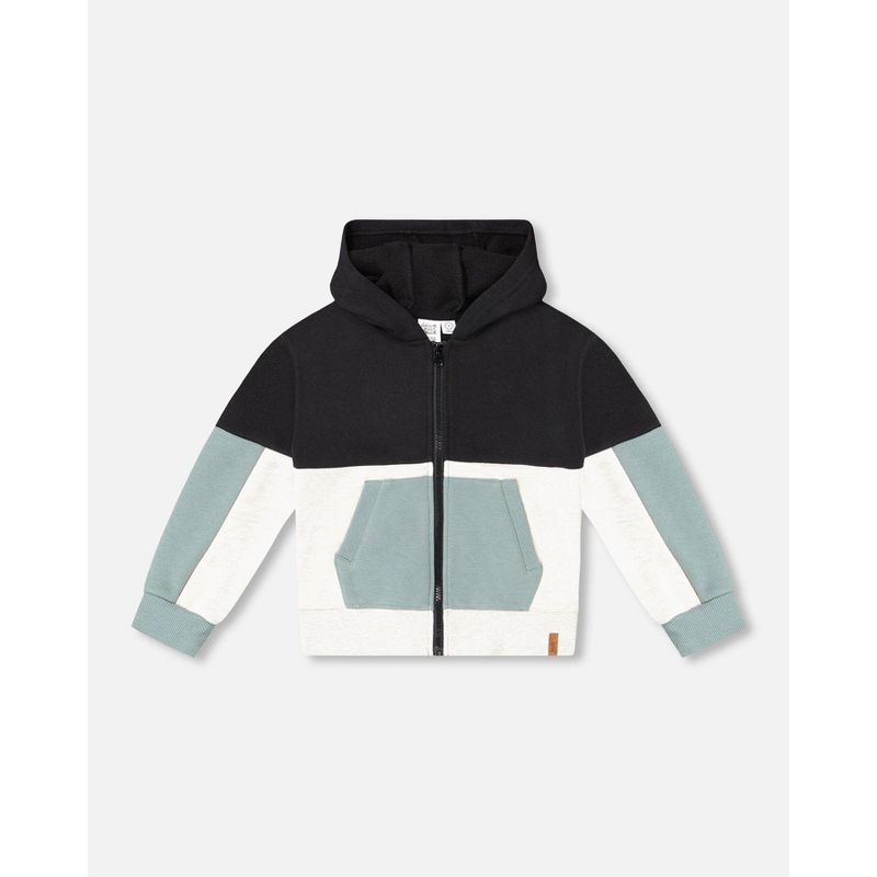 Deux par Deux Boy French Terry Color Block Full Zipper Hoodie Cardigan Sweatshirt Black, Teal and Shimmer