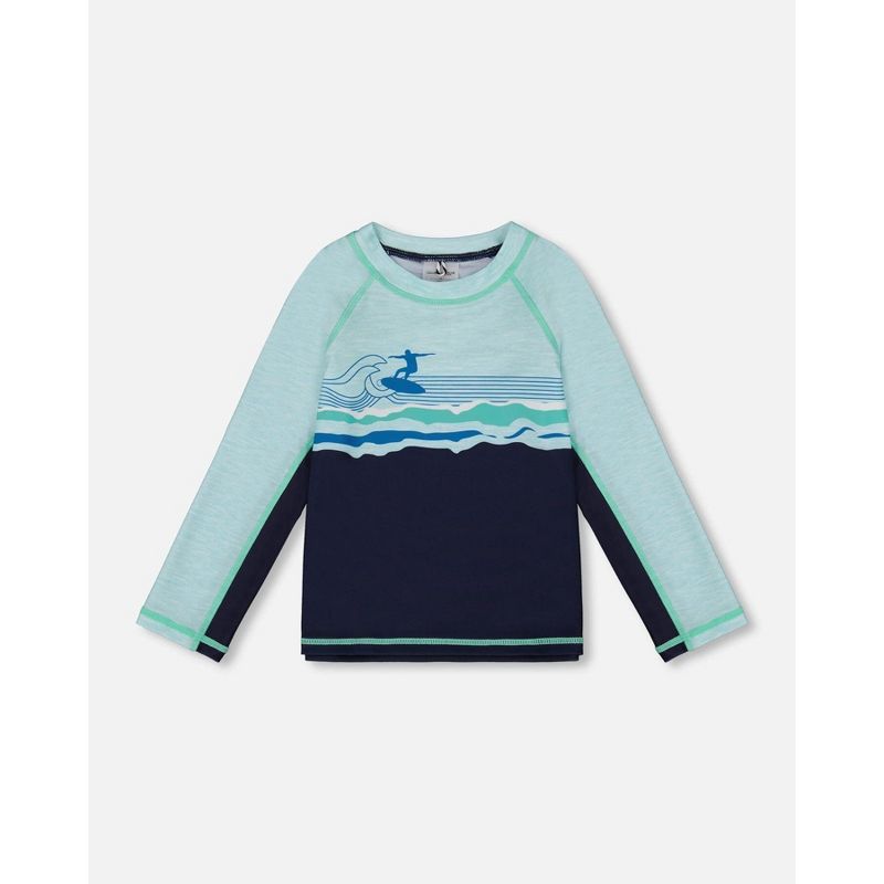 Deux par Deux Boy كم طويل Rashguard أزرق داكن وفيروزي