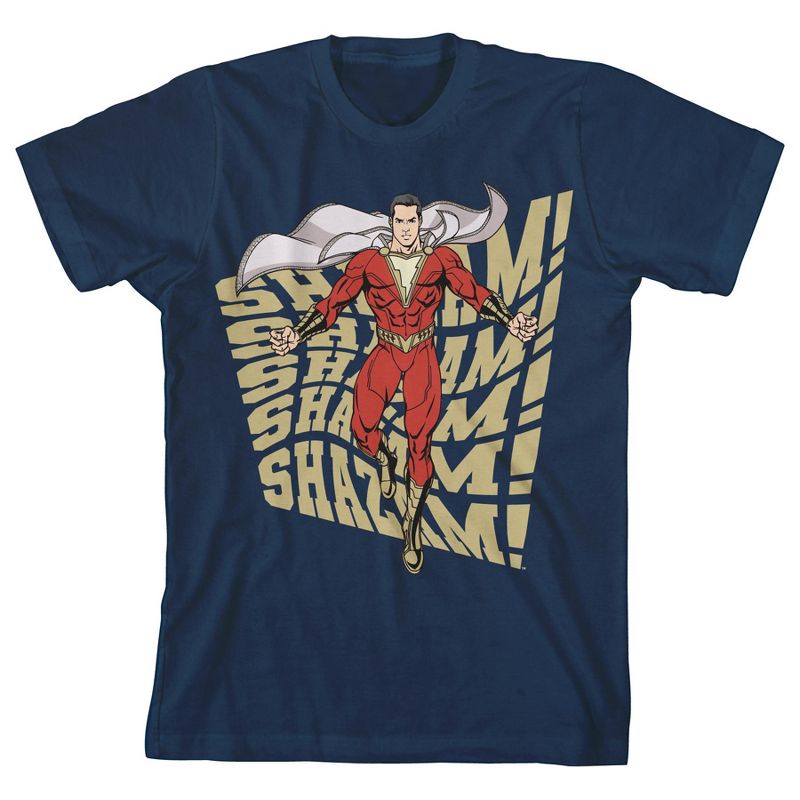 Shazam! Movie Warped Text Crew Neck Short Sleeve Navy Blue Boy's T-shirt