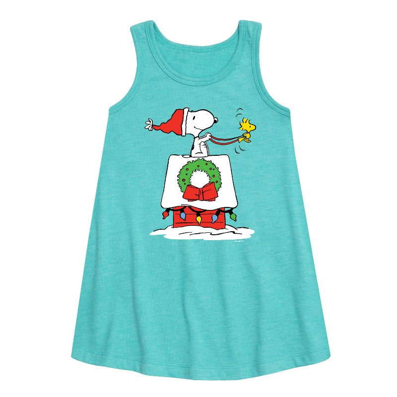Girls' - Peanuts - Snoopy & Woodstock House Sleigh Graphic Sleeveless Aline Dress