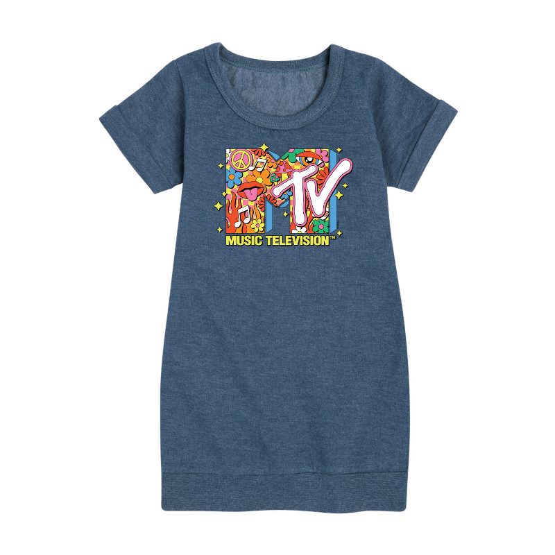 Girls' - MTV - Logo Retro Collage Graphic Short Sleeve Fleece Dress
