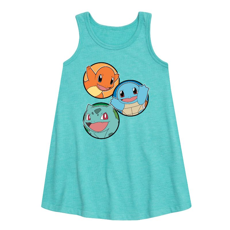 Girls' - Pokémon - Squirtle, Bulbasaur, & Charmander Group Graphic Sleeveless Aline Dress