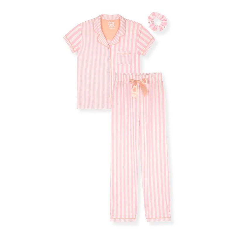 Sleep On It Girls 2-Piece Short-Sleeve Button Down Coat Pajama Pant Set with Matching Scrunchie