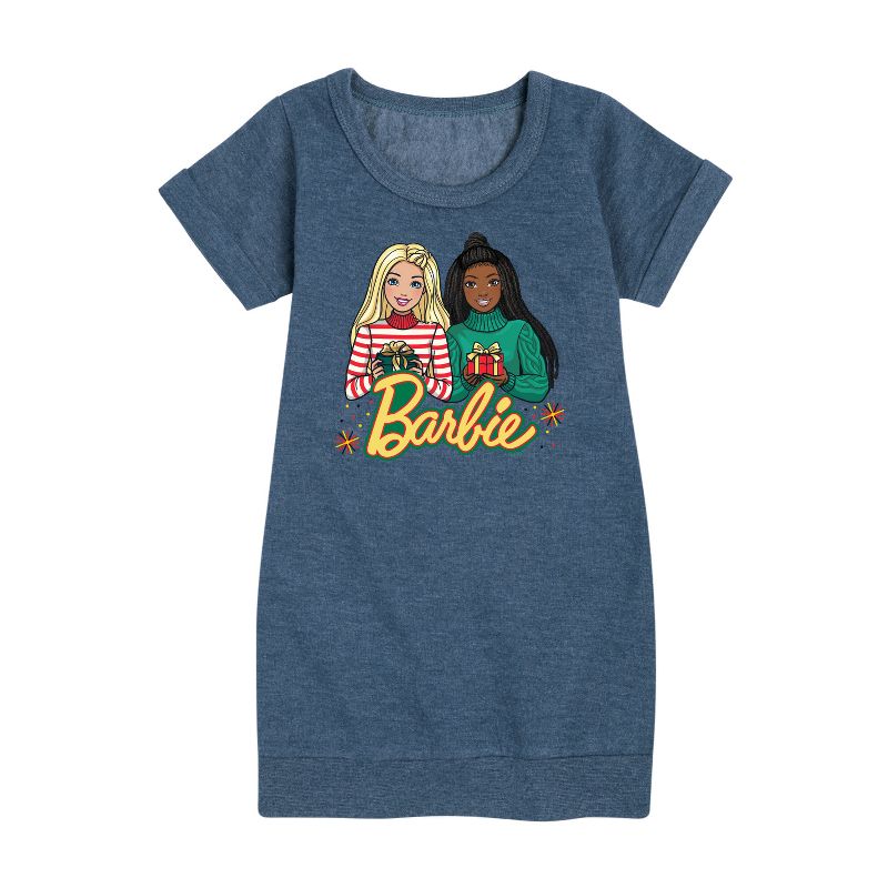 فستان صوف بأكمام قصيرة برسومات عطلات الشتاء للبنات - باربي