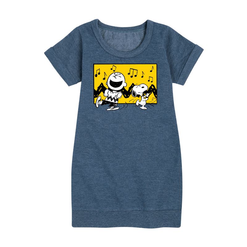 Girls' - Peanuts - Charlie And Snoopy Dance Time Graphic Short Sleeve Fleece Dress