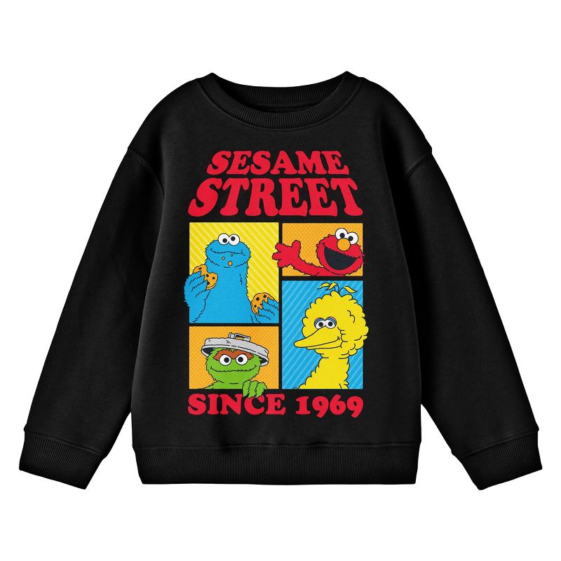 Sesame Street Since 1969 Boxed Character Art Crew Neck Long Sleeve Youth Black Sweatshirt