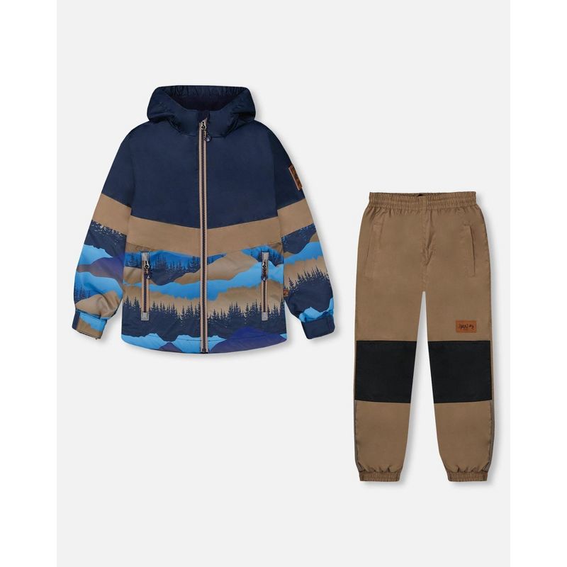 Deux par Deux Boy Colorblock Printed Two-Piece Mid-Season Outerwear Set Navy Blue Mountains and Taupe