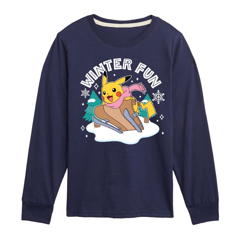 Boys' - Pokémon - Pikachu Winter Fun Sledding Long Sleeve Graphic T-Shirt