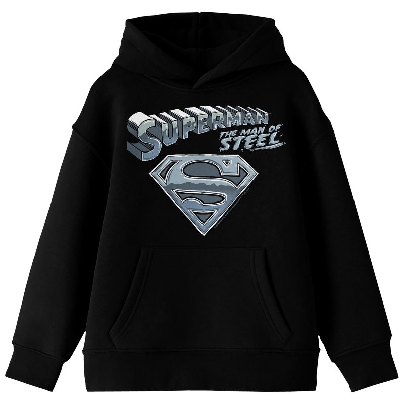 Superman Man Of Steel Chrome Logo Long Sleeve Youth Black Hooded Sweatshirt