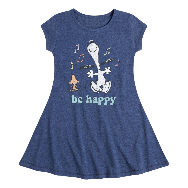 Girls' - Peanuts - Be Happy Snoopy And Woodstock Fit & Flair Cap Sleeve Dress