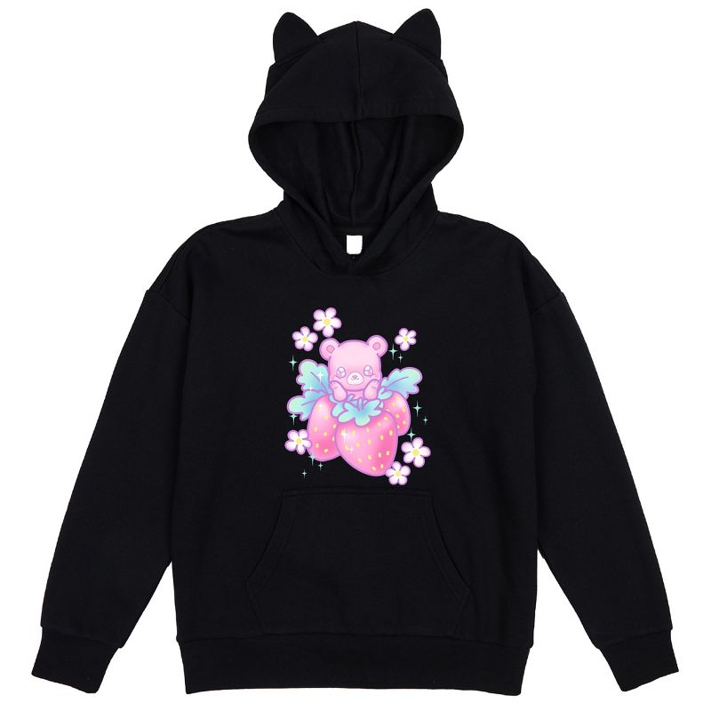 Strawberry Bear Youth Black Long Sleeve Hooded Sweatshirt With 3D Ears