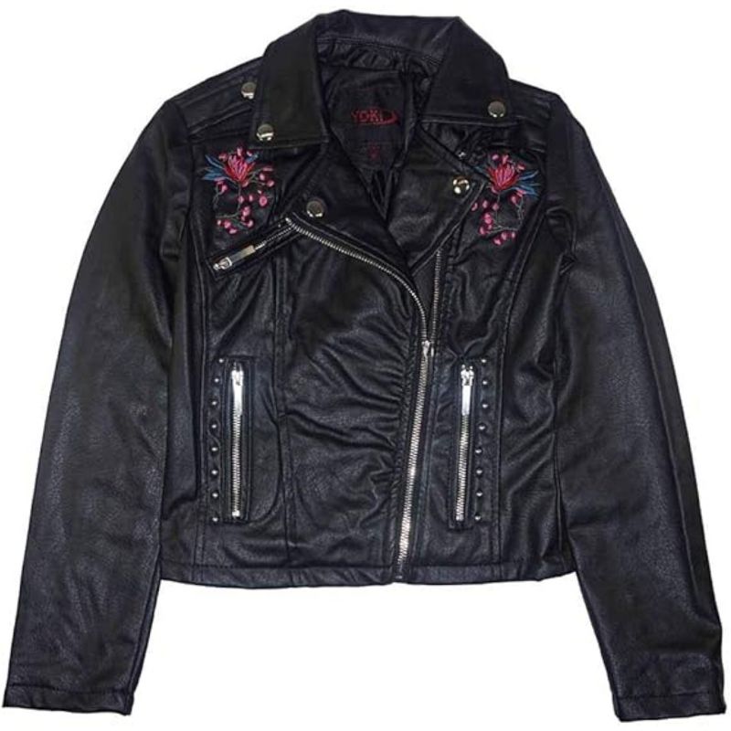 Yoki Big Girls' Floral Embroidered Design PU Faux Leather Jackets