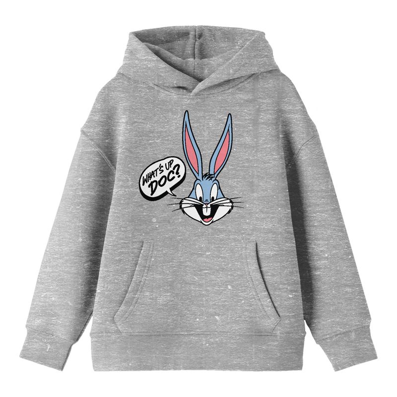 Looney Tunes Bugs Bunny Speech Bubble What's Up, Doc? Youth Heather Gray Graphic Hoodie