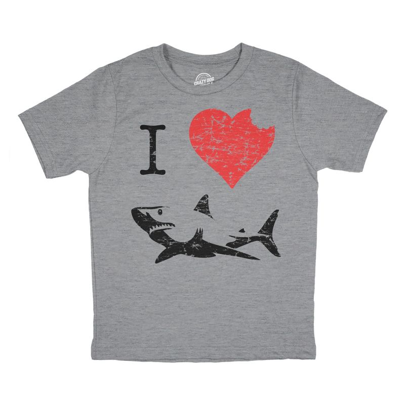 تي شيرت I Love Sharks للأطفال - تي شيرت كلاسيكي للشباب بطبعة عضة سمكة قرش - تي شيرت Crazy Dog للشباب