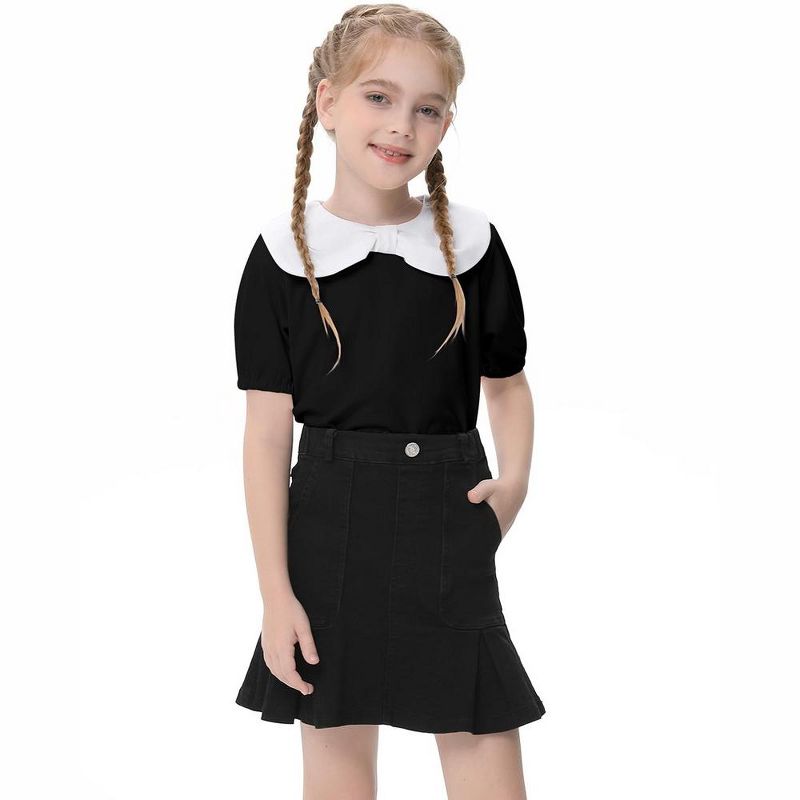Girls Cute Tops Peter Pan Collar with Cute Bow Puff Short Sleeve Kids Fashion Shirts Summer Top Keyhole Tops Girls Blouse