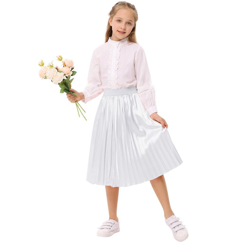 Girls Pleated Elastic High Waist A-Line Swing Maxi Long Metallic Shiny Shimmer Skirt