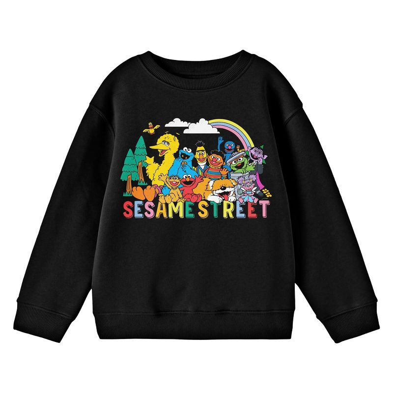 Sesame Street Outdoor Character Group Art Crew Neck Long Sleeve Youth Black Sweatshirt