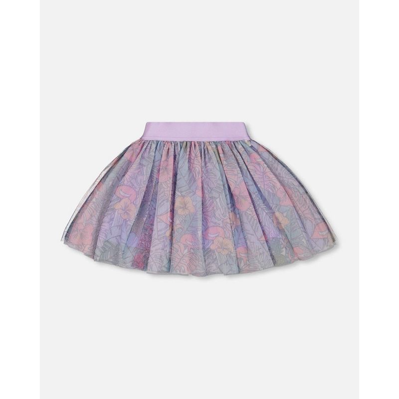 Deux par Deux Girl Printed Mesh Skirt Lilac Tropical and Pink Flamingos