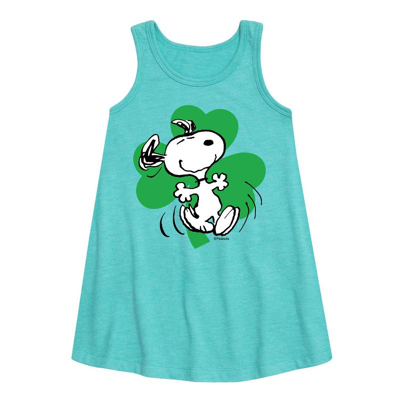 Girls' - Peanuts - Dancing Snoopy Shamrock Graphic Sleeveless Aline Dress
