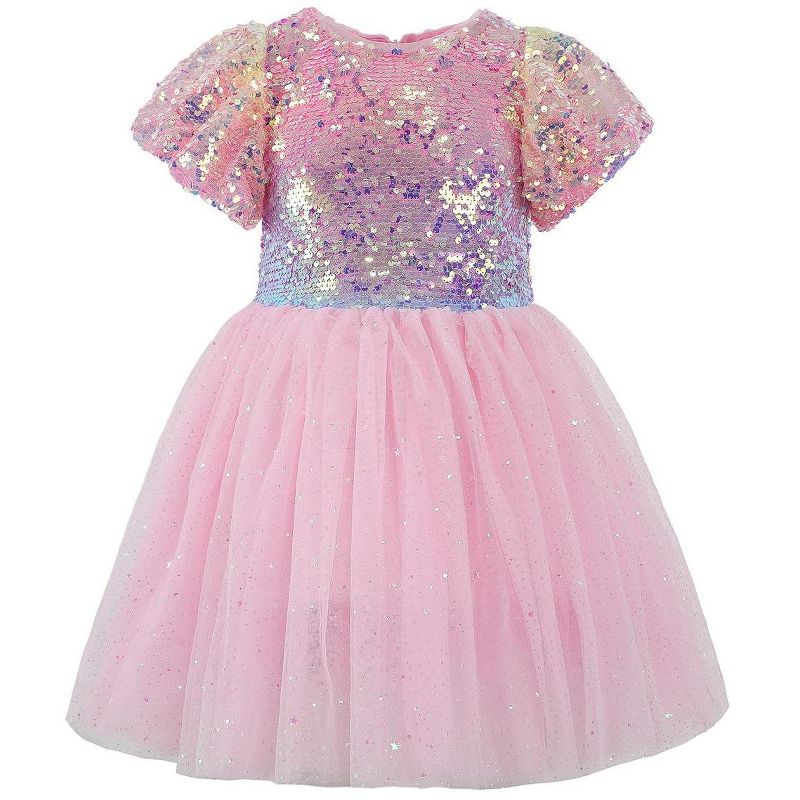 2Bunnies Girls' Ombre Sequin Sparkle Tulle Puff Sleeve Dress