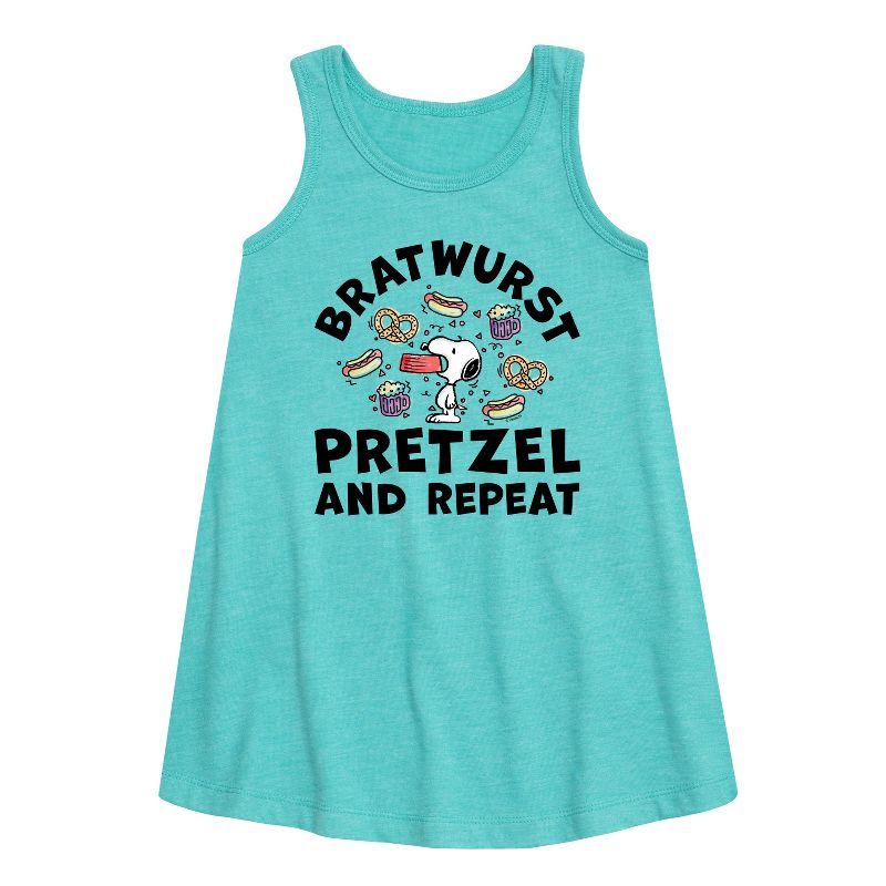 Girls' - Peanuts - Bratwurst Pretzel And Repeat Snoopy Graphic Sleeveless Aline Dress