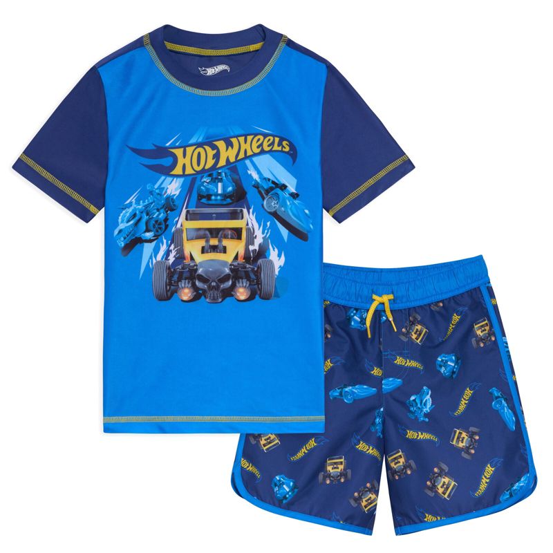 Hot Wheels UPF 50+ Pullover Rash Guard and Swim Trunks Outfit Set Toddler to Big Kid