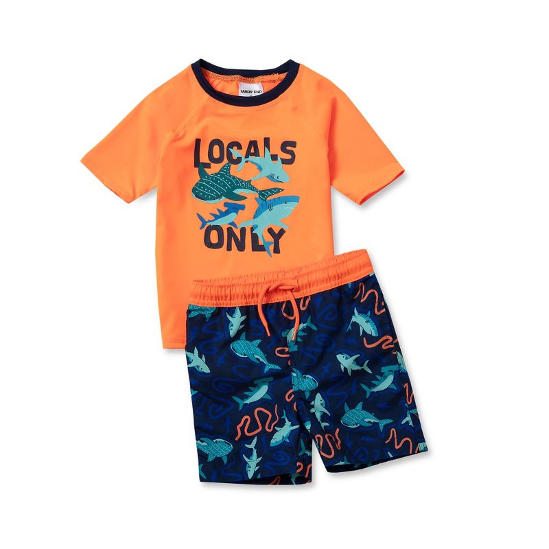 Lands' End Kids Chlorine Resistant Short Sleeve UPF 50 Rash Guard Swim Trunk Set