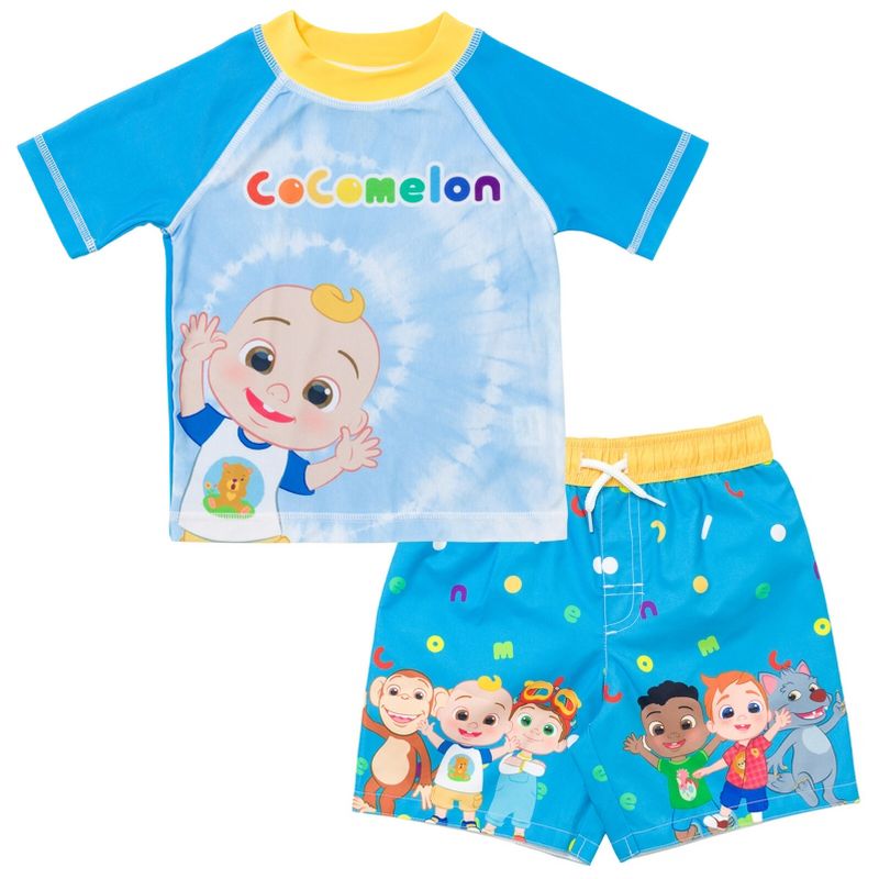 CoComelon Tomtom JJ Cody Nico Mochi Wally Short Sleeve Rash Guard Swim Shirt & Swim Trunks Bathing Suit