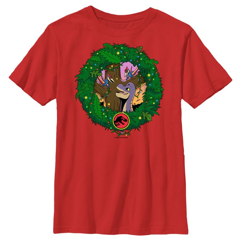 Boy's Jurassic World Dinosaur Christmas Wreath T-Shirt