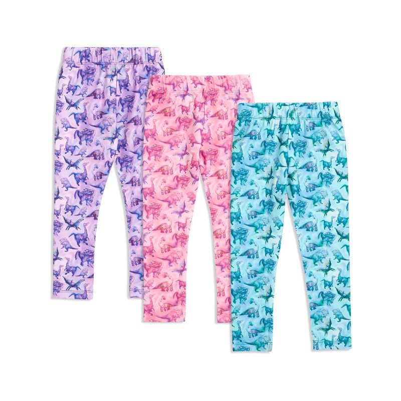 The Pink Picket Fence Girls’ 3-Pack Cotton Leggings – Dinosaur Print Sensory-Friendly Pants – Pack of 3 Super Soft Leggings