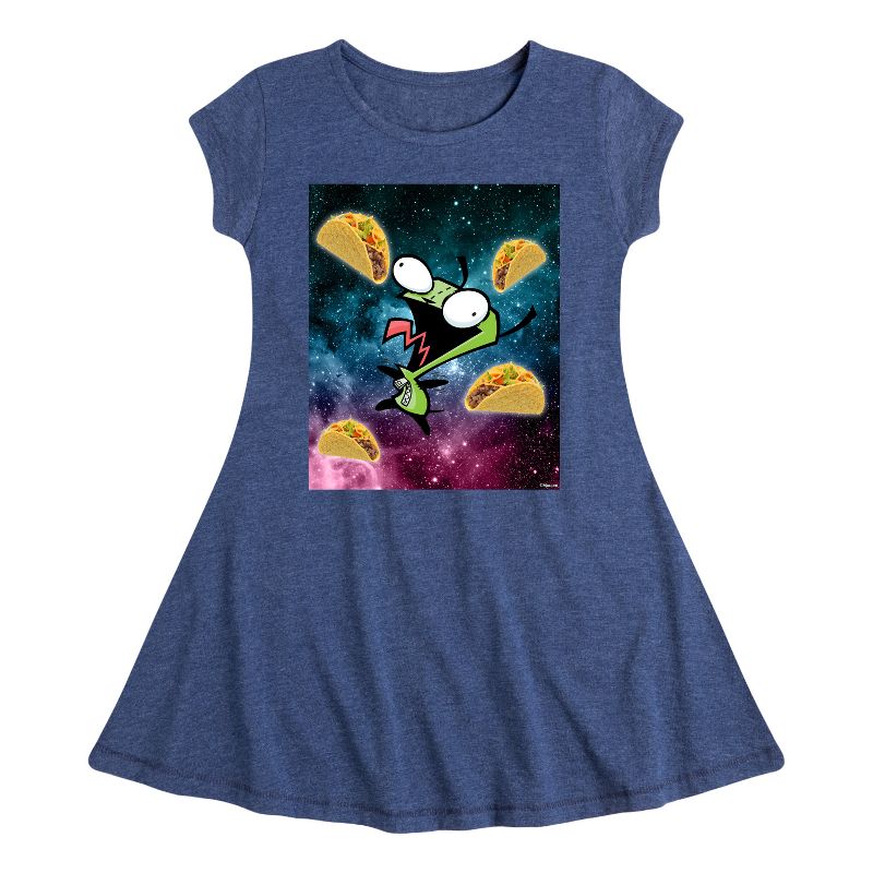 Girls' - Invader ZIM - GIR Loves Tacos in Space Fit & Flair Cap Sleeve Dress