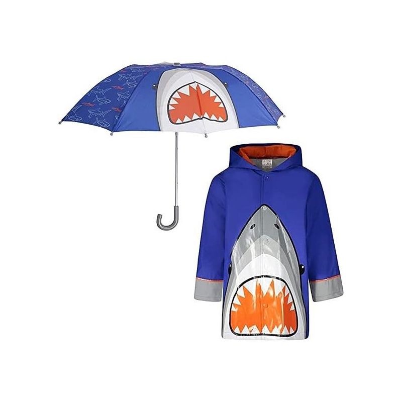 Addie & Tate Girls and Boys Rain Coats and Umbrella set, Kids Ages 3T-7 Years (Shark)