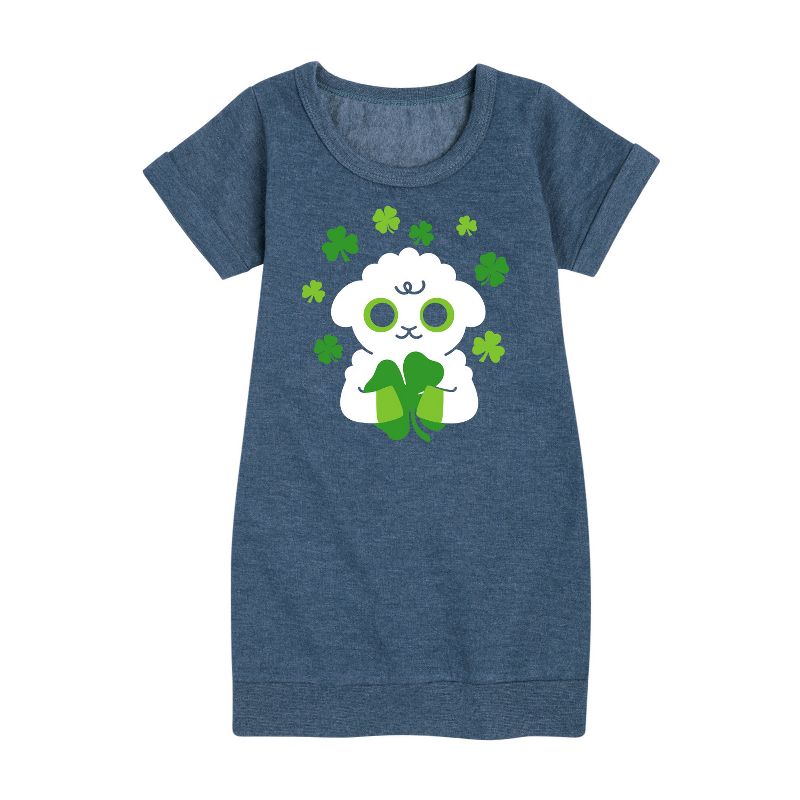 Girls' - Instant Message - St. Patrick's Day Sheep Holding a Shamrock Graphic Short Sleeve Fleece Dress